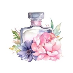 Bottle of perfume with flowers. Hand drawn watercolor illustration.