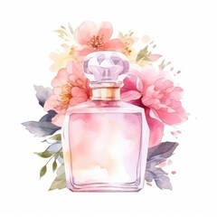 Watercolor illustration of perfume bottle with flowers. Hand drawn illustration.