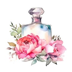 Bottle of perfume with peony flowers. Hand drawn watercolor illustration