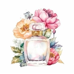 Watercolor illustration of perfume bottle and flowers. Hand drawn watercolor illustration.