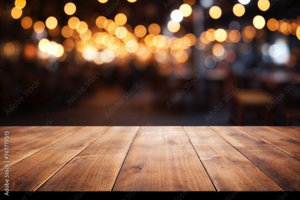 Poster a wooden table in front of a restaurant with a bokeh background. high quality photo