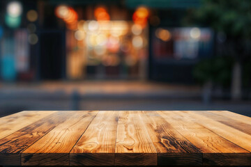 An empty wooden table in front of a blurred background of a restaurant entrance. High quality photo