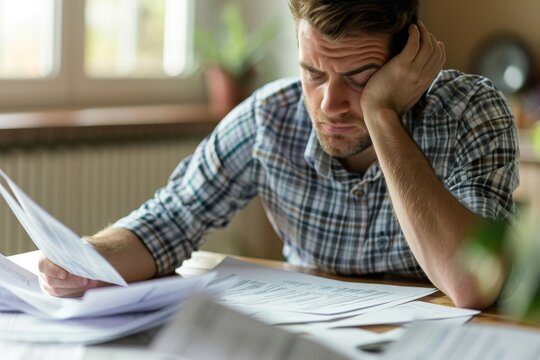 Close-up of a despairing adult facing financial documents