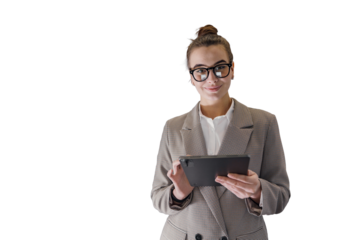 A female lawyer is seen using a tablet with a clear, isolated background behind her.