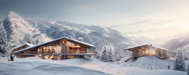 Alpine huts or cottages in winter land. Panoramatic view on chalets covered with snow in evening...