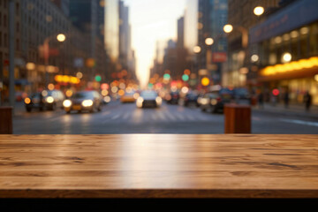 A wooden table in front of a blurred city background with cars and street lights. High quality photo