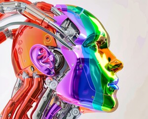 A mechanical head bursting with a spectrum of colors to represent diversity