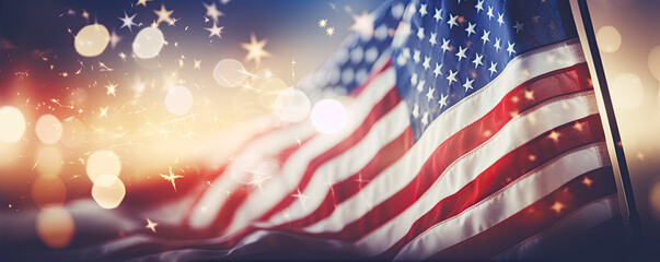 American flag in back light. Americans or USA flag with sparkling and wind shape