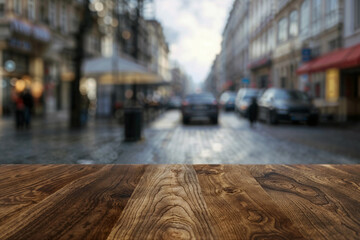 A wooden table in front of a blurry street scene with cars and people. High quality photo - Powered by Adobe