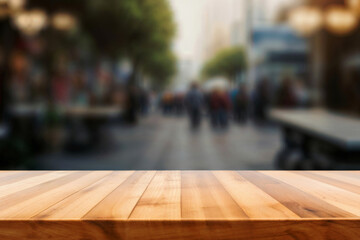 Empty wooden table with a blurred city street in the background. High quality photo