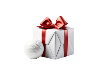 Gifted Golf: A White Box With a Red Ribbon and Golf Ball. On a White or Clear Surface PNG Transparent Background.