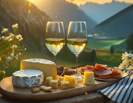 Picnic with white wine served outside with cheese and charcuterie, sunset light