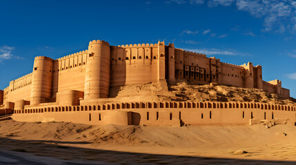The Impressive Fortress: An Awe-inspiring View of a Timeless Citadel against a Blue Sky - obrazy, fototapety, plakaty