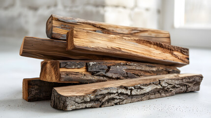 photo shot of a pile of wood, bright background white