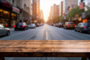 Fototapeta na wymiar An empty wooden table with a blurred city street in the background. High quality photo
