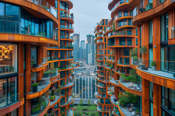 A grouping of modern wooden high-rise buildings featuring balconies