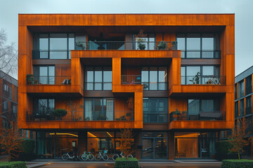 Fototapeta na wymiar Tall wooden high-rise building with an array of windows and balconies
