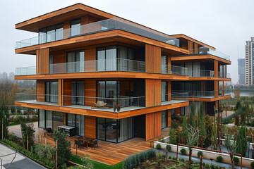 A large wooden building with balconies on top