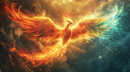 A vibrant phoenix rising from ashes, symbolizing renewal and triumph over adversity - obrazy, fototapety, plakaty