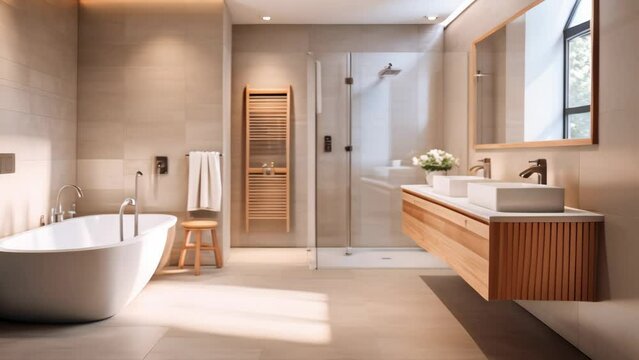 Modern Interior of bathroom with a shower area and bathtub