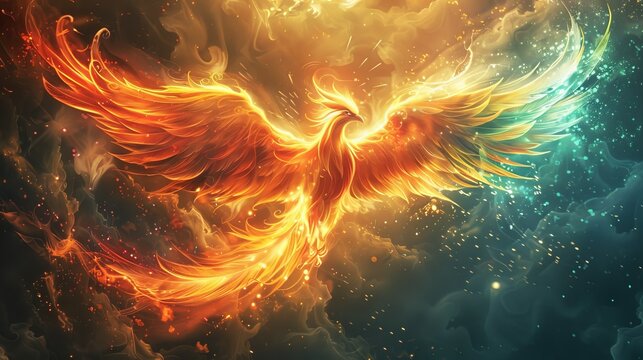 A vibrant phoenix rising from ashes, symbolizing renewal and triumph over adversity