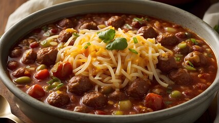 Upon closer inspection, a generous slathering of rich, velvety chili blankets the sausage, each spoonful bursting with flavors of slow-cooked tomatoes, tender beans, and aromatic spices. The chili's w