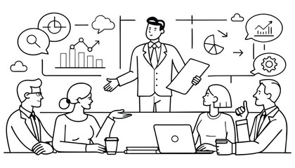 Business briefing concept one line contunuous line art black and white hand drawing vector illustration