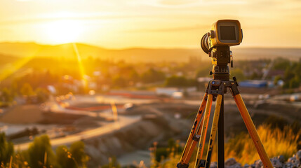 A close-up of surveyors equipment set up on a tripod, overlooking a vast construction landscape bathed in golden afternoon light - obrazy, fototapety, plakaty