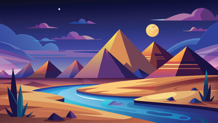 Egyptian desert with river and pyramids at night vector illustration natural background - obrazy, fototapety, plakaty