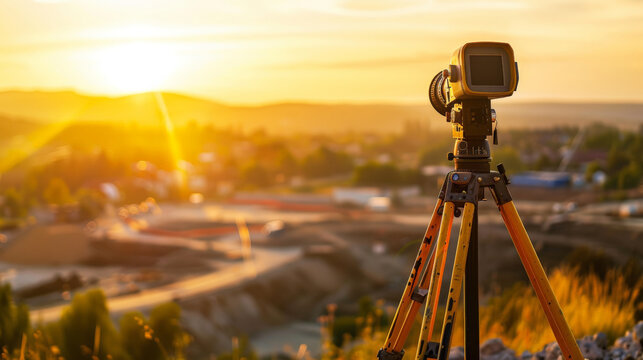 A close-up of surveyors equipment set up on a tripod, overlooking a vast construction landscape bathed in golden afternoon light