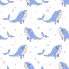 Summer seamless pattern, sea world, whale, child.