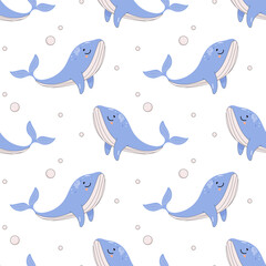 Summer seamless pattern, sea world, whale, child.
