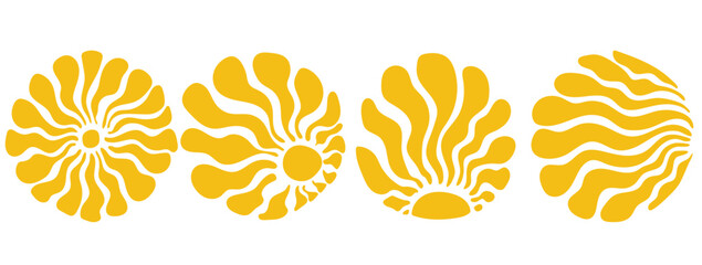 Groovy retro abstract sun backgrounds. Organic doodle shapes in trendy naive hippie 60s 70s style. Contemporary poster print banner template