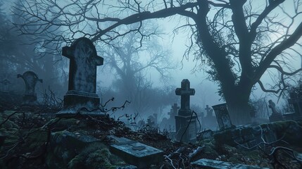 A misty graveyard at dawn, with ancient tombstones shrouded in fog, surrounded by gnarled trees with twisted branches reaching towards the heavens. - obrazy, fototapety, plakaty