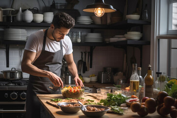 Fototapeta na wymiar A man in an apron is cooking a delicious dish in the kitchen, surrounded by tableware and plants. He is following a recipe while sharing his love for cuisine