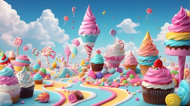 Imaginary, colorful Candyland background with cupcakes, candies, ice cream, and clouds in 3D rendered.