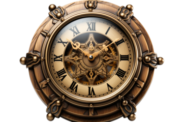 Temporal Elegance: Roman Numerals Clock in Timeless White. On a White or Clear Surface PNG Transparent Background.