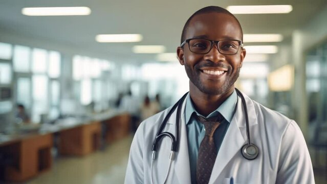 Smiling African doctor in uniform standing background in a hospital