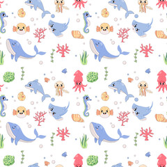Summer seamless pattern, sea world, fugu fish, stingray, squid, seahorse and whale, child.