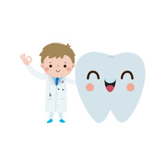 Happy Dentist with Tooth character Cute cartoon flat style vector illustration on white background
