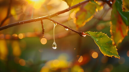 A small droplet of water clings to a thin twig on a leafy tree branch. The droplet sparkles in the sunlight, suspended in mid-air, ready to fall at any moment - Powered by Adobe