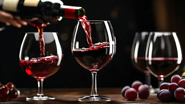 Pouring red wine into glass from bottle
