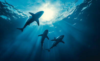 Obraz na płótnie Canvas Sharks swim in the deep sea