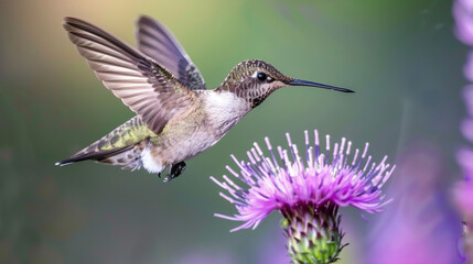 Fototapeta premium A stunning hummingbird flying near a purple flower.