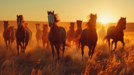 A majestic herd of horses galloping in a field against a golden sunset backdrop, with dust trailing behind.