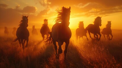 Herd of horses running in a field at golden hour.