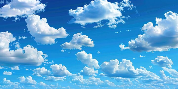 Clear cloudy sky, warm and nice day, Easter, symbol, Christian holiday, fluffy clouds of different shapes, bright blue sky and bright sun, background, wallpaper. © Oleksii