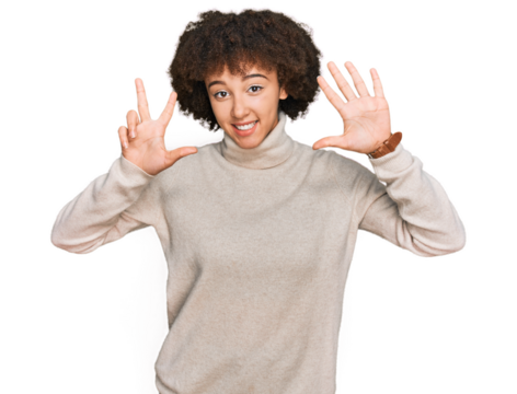 Young hispanic girl wearing wool winter sweater showing and pointing up with fingers number eight while smiling confident and happy.