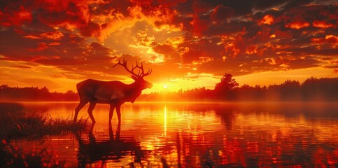 A majestic deer stands by a lake, basked in the red-orange glow of a dramatic sunset sky.