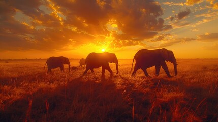 Fototapeta na wymiar A trio of elephant silhouettes against a vibrant sunset in the savanna.